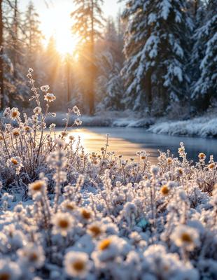 The primary subject of the image is a beautiful flower, surrounded by snow and ice. The setting is a serene, snowy landscape with a river nearby. The visual style is a combination of photo and digital art, creating a stunning and captivating scene. The dominant colors are white, due to the snow and ice, and the flower's natural colors, which add a touch of warmth and life to the otherwise cold environment. The overall atmosphere is one of tranquility and beauty, as the flower stands out against the snow